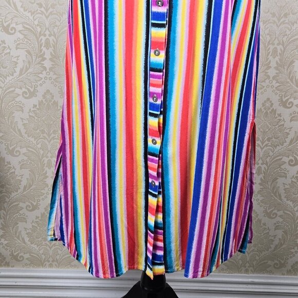 C Size Small Midi Length Multi Color Striped Dress Pockets Belt Button Front - Picture 3 of 13